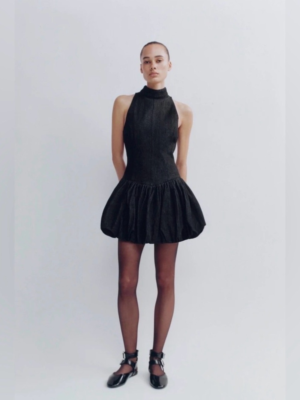 NWT/ZARA BLACK RINSE DENIM BALLOON/BUBBLE HEM SLEEVELESS DRESS SIZE: XL